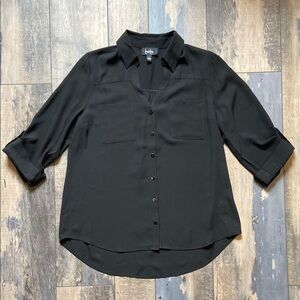 by & by Womens Black Chiffon Button Down Shirt Top Blouse 3/4 Sleeves Size Large